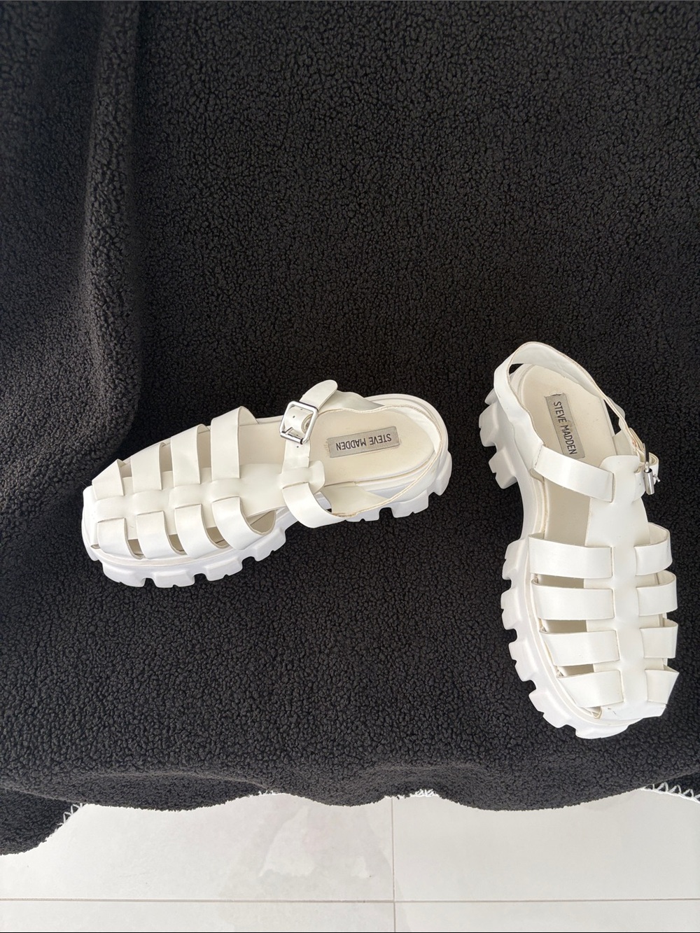 Steve Madden White Lug-Strap Fisherman Sandals